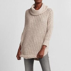 Express | Y2K Extreme Circle Hem Cowl Neck Ribbed Knit Cozy Sweater, Blush Beige